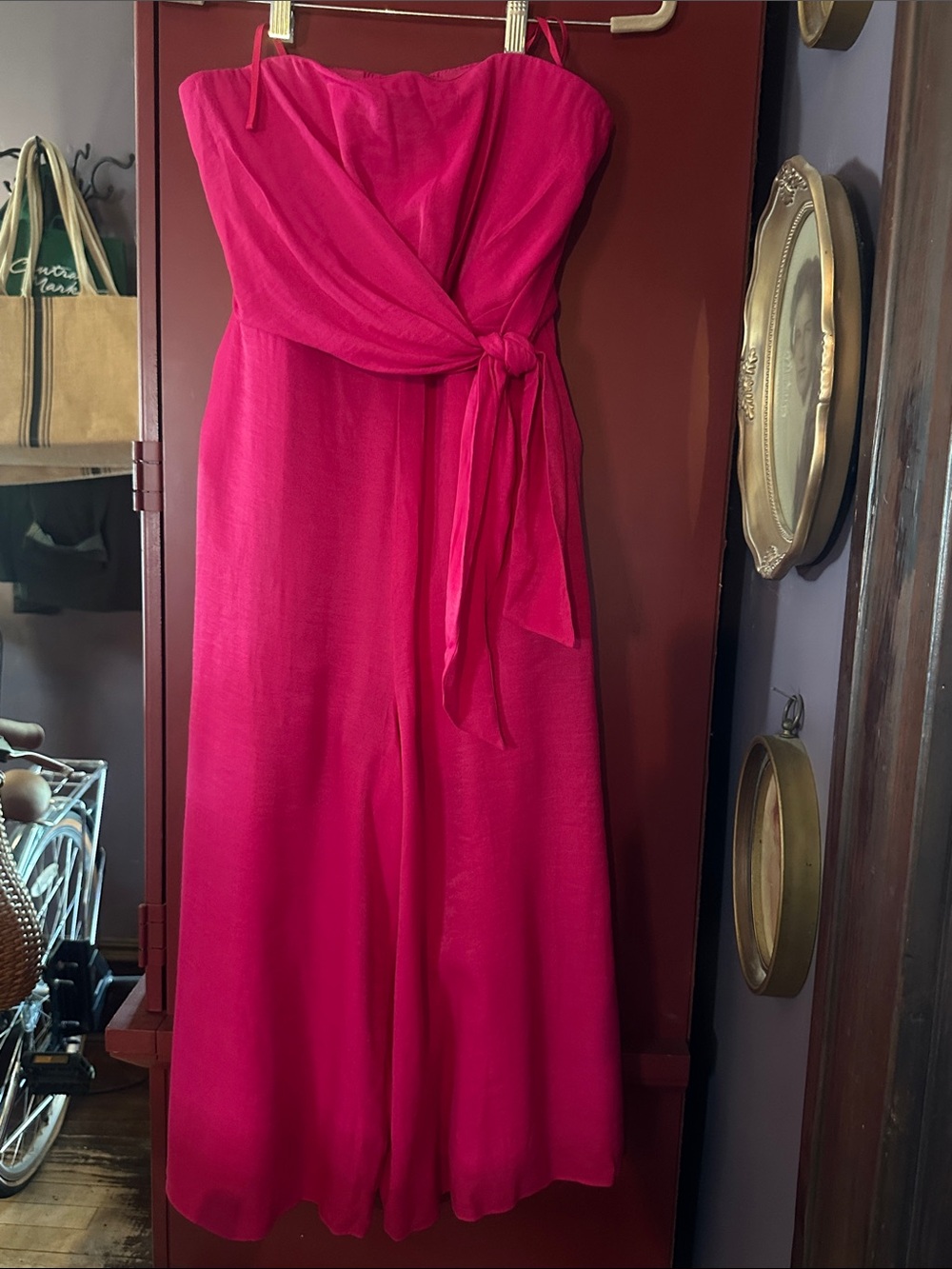Strapless Fuchsia Tie-Waist Culotte Jumpsuit with Pockets
